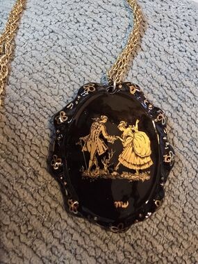 Marquise Pompadour Black and Gold Vintage-Style Romantic Scene Pendant Necklace